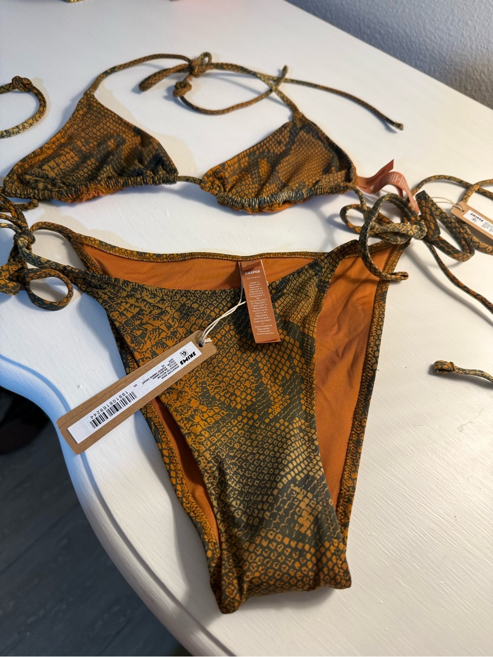SKIMS Forest Ombre Snake Tie Bikini in Olive & Rust